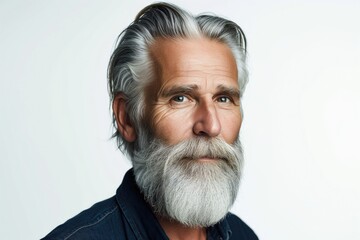 photo portrait of a handsome old mature man, with fresh stylish hair and beard with strong jawline. isolated on white background