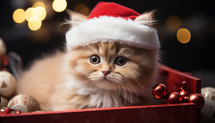 Sticker - Cute kitten celebrates winter with small gift and decoration generated by AI