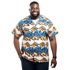 Wall Mural - Big and Tall Black Man Wearing African Print Shirt - Stylish Ethnic Fashion for Plus-Size Men, Vibrant and Unique, Smiling and Happy