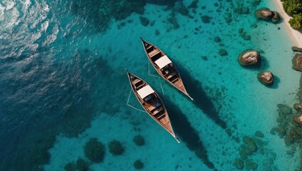 View from above, stunning aerial view of two long tail boats floating on a turquoise water