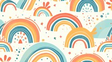  A Multicolored Pattern Of Rainbows And Stars On A White Background With Blue, Orange, Yellow, Pink, Green, And Blue Colors Of The Rainbow.
