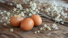  Three Brown Eggs Sitting On Top Of A Wooden Table Next To A Branch Of White Flowers And A Branch Of Baby's Breath With White Flowers In The Foreground.