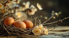  A Group Of Eggs Sitting In A Nest Next To A Branch With Flowers On It And A Butterfly On The Side Of The Nest And A Branch With White Flowers.