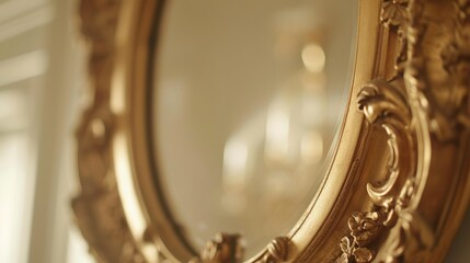 a close up of a gold framed mirror with a window in the back ground and a window in the back ground 