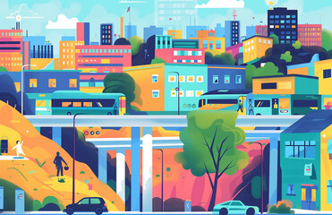 an illustration of a clean energy colorful city and suburbs