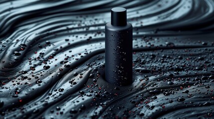 Wall Mural -  a black spray bottle sitting on top of a table covered in drops of water and black and white swirls.