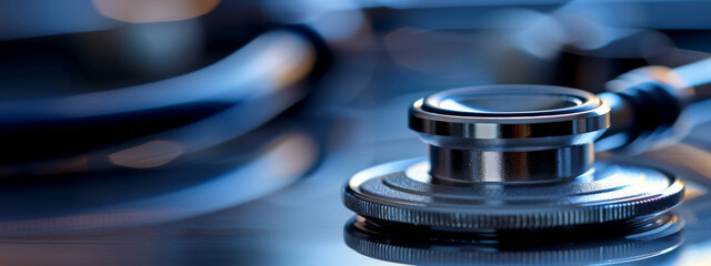 A close-up of a stethoscope with a highly reflective, metallic finish on a blue, blurred background, emphasizing the essential tool for medical diagnostics and patient care.