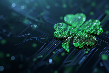 A sparkling green digital shamrock integrated into a dark electronic circuit board. St. Patricks Day and information technology concept