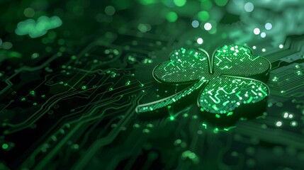 a sparkling green digital shamrock integrated into a dark electronic circuit board. st. patricks day