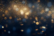 Golden abstract background with glittering gold dust particles and glittering lights and bokeh effect, blue background