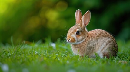  a brown rabbit sitting on top of a lush green grass covered field with a forest in the backgroud.