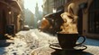 Hot coffee with street view at sunrise with beautiful historical buildings in winter in Prague city in Czech Republic in Europe.