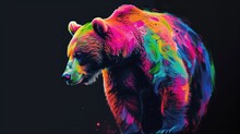  A Multicolored Bear Walking On A Black Background With A Splash Of Paint All Over It's Body.