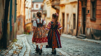 Wall Mural - Back view of beautiful girls in traditional Czech clothing in street with historic buildings in the city of Prague, Czech Republic in Europe.