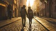 Back view of a young couple walking in street at sunrise with historic buildings in the city of Prague, Czech Republic in Europe.