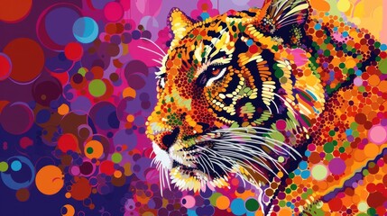 Canvas Print -  a painting of a tiger on a multicolored background with bubbles of color around the tiger's head.