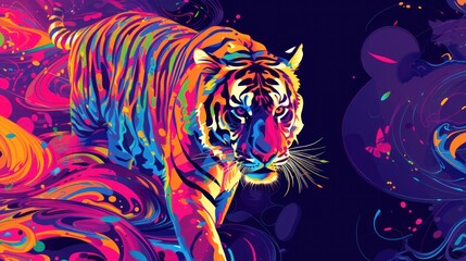Wall Mural -  a colorful tiger on a dark background with a splash of paint all over it's body and it's head.