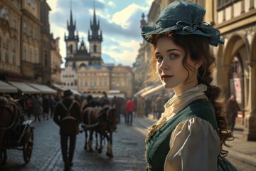 Lifestyle portrait of a beautiful Medieval lady in Prague city in Czech Republic in Europe.