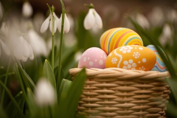 Wall Mural - Colorful Easter Eggs in Basket on Spring Background