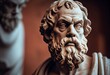 Socrates, the Greek philosopher, sited with a thoughtful expression, a marble statue. Cultural travel in Greece. Generative AI