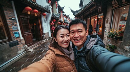 A young couple taking selfie in old town street with Chinese lunar new year decoration.