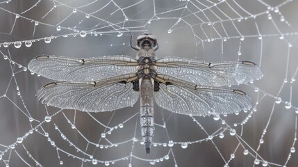 Wall Mural - a large dragonfly sitting on top of a web covered in drops of water on a wet spiderweave.