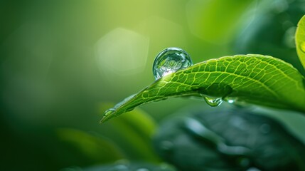 Wall Mural - a close up of a leaf with a drop of water on it's end and green leaves in the background.