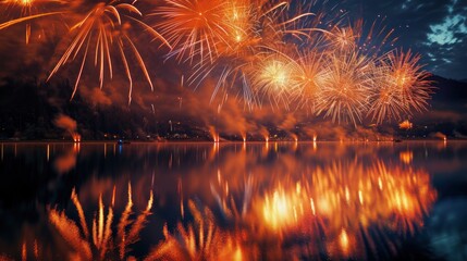 Fireworks show in sky by lake with water reflection for holiday celebration.