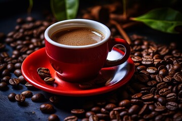 Rustic vintage espresso coffee cup filled with fresh roasted arabica beans on antique wooden table