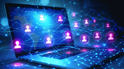 Poster - Laptop screen displays digital icons portraying people, symbolizing individuals across globe