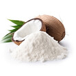 close up pile of finely dry organic fresh raw coconut milk powder isolated on white background. bright colored heaps of herbal, spice or seasoning recipes clipping path. selective focus