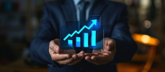 Wall Mural - Businessman hold up arrow and graph icon of business investment growth. Generated AI image