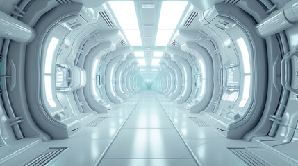 Spaceship or space station interior background, white corridor in large starship. Perspective inside light hallway of big futuristic spacecraft. Concept of technology, future, room