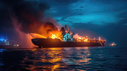 Fire and smoke on cargo ship at dusk, tanker burning in sea after explosion, accident on industrial vessel in ocean water at night. Concept of oil, disaster, rescue