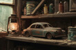 AI generated illustration of rusted toy cars and miscellaneous items displayed on a shelf