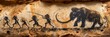 Rock painting of hunting scene of a team of primitive cavemen attacking a giant mammoth in wild field.