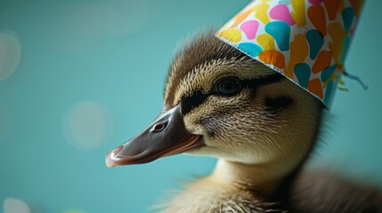 Wall Mural - Duckling with birthday hat, generative ai