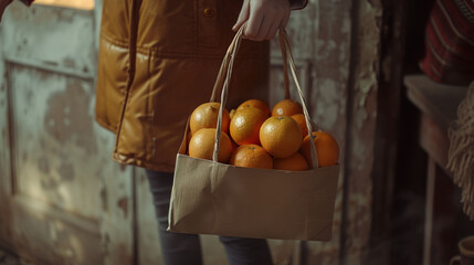 Wall Mural -  a person holding a bag full of oranges in front of a wooden door with a person holding a bag full of oranges in front of oranges.