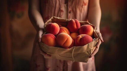 Wall Mural -  a woman holding a brown paper bag full of peaches in front of her face and a peach on the other side of her face.