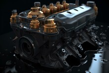 3D Illustration Of Repaired Car Engine With Lubricant Oil. Generative AI