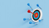 Practice until succeed concept. Success after many failures. Success rate, effort or cost to reach goal or target. Archery target on wall with one hitting and many missed arrows. 3d illustration