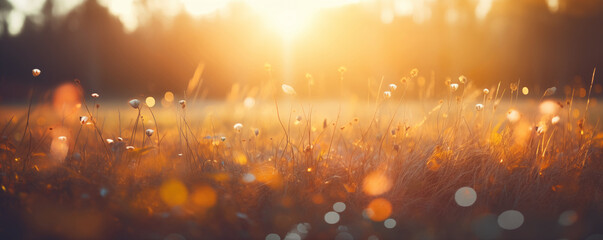 autumn fields with dry grass in the warm light of the sunset, panoramic view, generated by ai