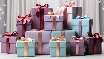 Canvas Print - A stack of wrapped gift boxes, colorful decorations for celebration generated by AI