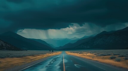 Wall Mural -  a road in the middle of a field with mountains in the background and a dark sky filled with storm clouds.