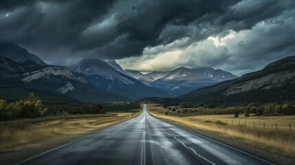 Wall Mural -  a long road in the middle of a field with a mountain range in the background under a dark cloudy sky.
