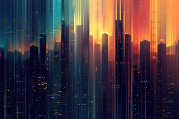 Poster - abstract depiction of a city skyline at night.