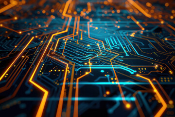 Poster - digital artwork of a futuristic circuit board. The circuits are represented by glowing lines and dots against a dark background