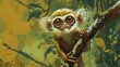 a painting of a small monkey sitting on a tree branch with its eyes wide open and one eye wide open.