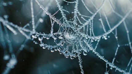 Wall Mural - a close up of a spider web with drops of water on the spider's web, with a blurry background.