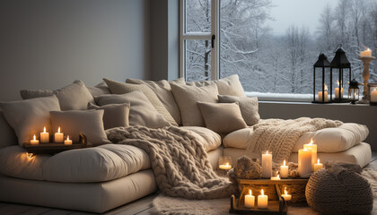 Canvas Print - A cozy winter bedroom with candlelight, snow, and warmth generated by AI